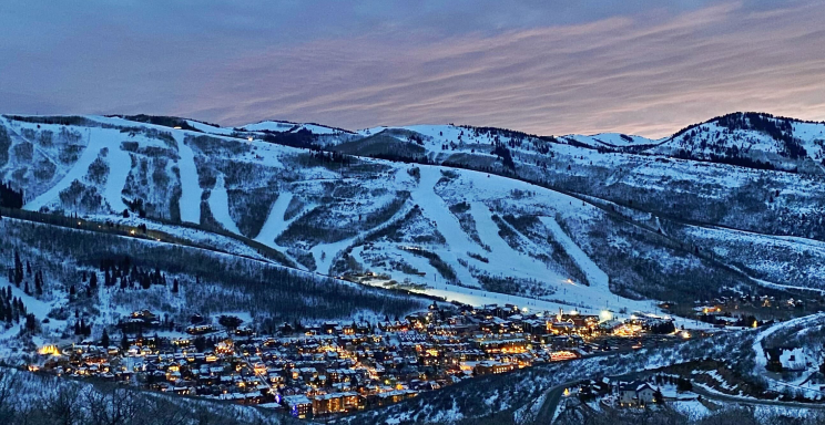 View of mountain town at night